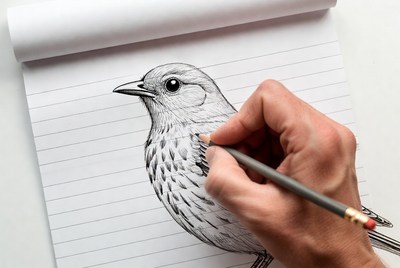 Hand drawing bird sketch on notepad