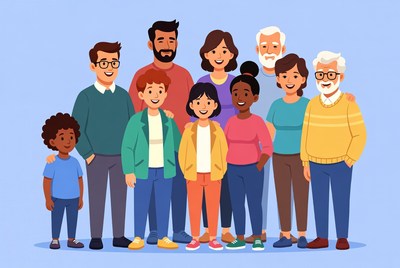Diverse family standing together illustration