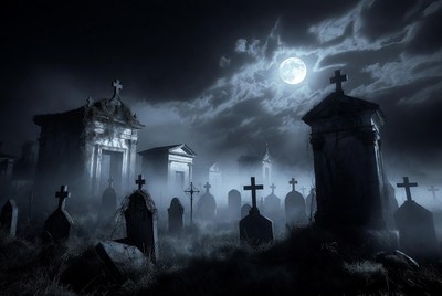 Moonlit Cemetery with Graves and Crosses