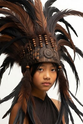 Asian girl wearing feathered headdress