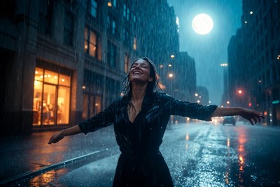 Woman dancing in rainy city street