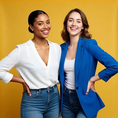 Two women smiling on yellow background