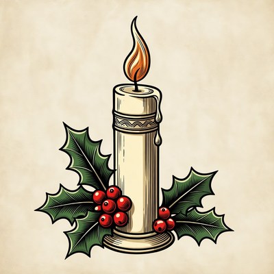Candle with Holly Leaves Berries