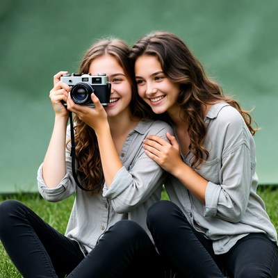 Twin girls holding vintage camera