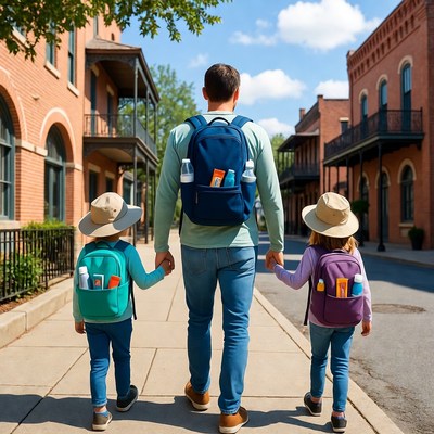 Father walking with kids backpacks street