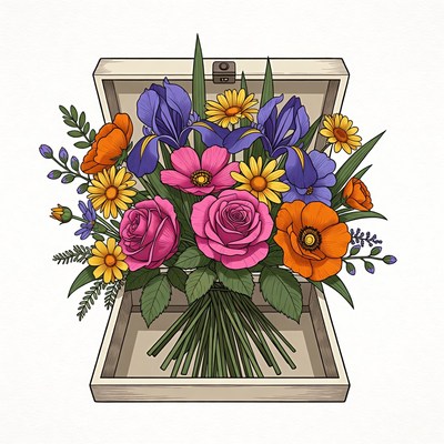 Colorful Flowers Bouquet in Open Wooden Box