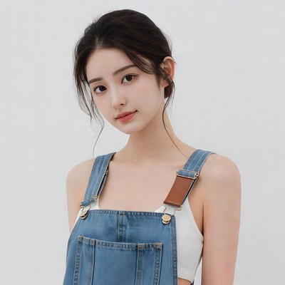 Asian woman in denim overalls