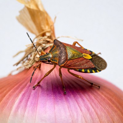 Colorful bug on red onion