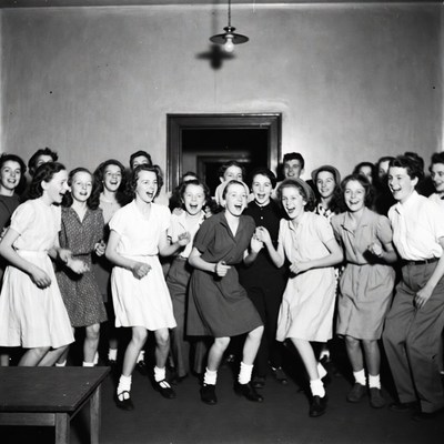 Group of girls dancing vintage classroom