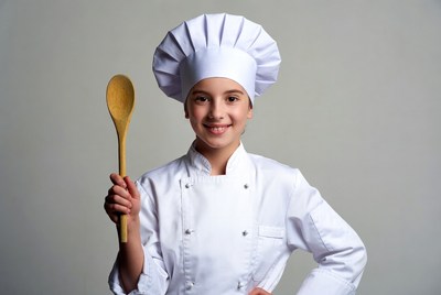 Girl in chef uniform holding wooden spoon