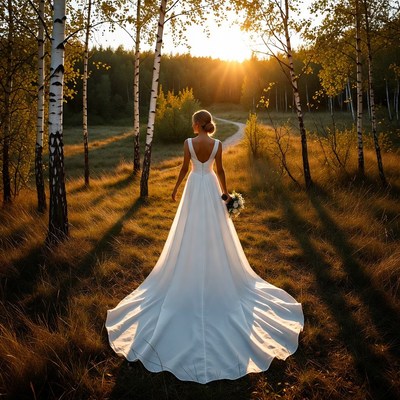 Bride in white gown in birch forest sunset
