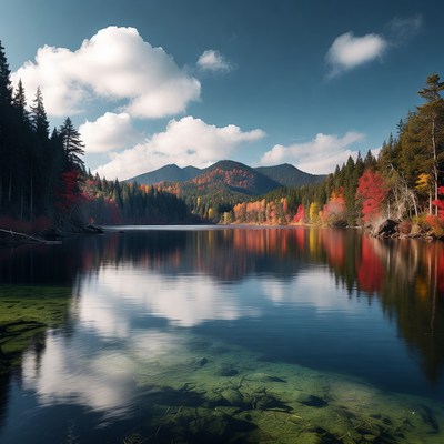 Autumn Lake with Mountains Reflection