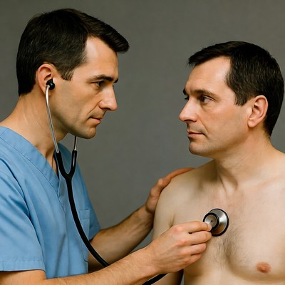 Doctor listening to patient's heartbeat