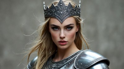Blonde woman in silver crown and armor