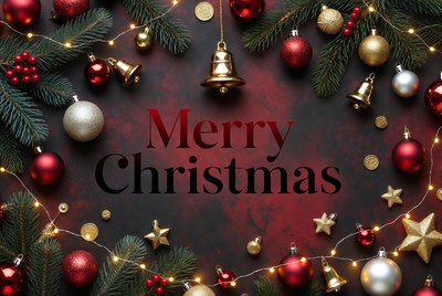 Merry Christmas Ornaments on Red Background