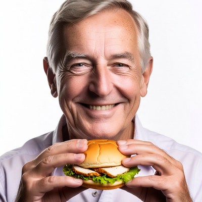 Senior man holding burger