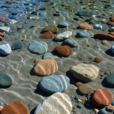 Colorful pebbles in shallow water