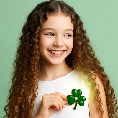 Girl holding green shamrock brooch