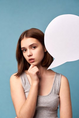 Woman thinking with empty speech bubble