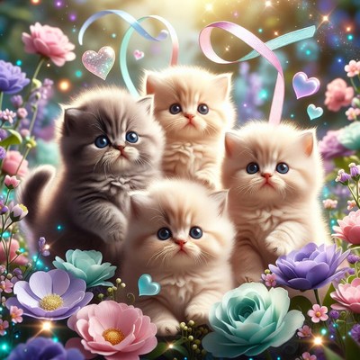 Five Cute Kittens in Flowers