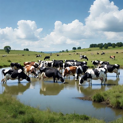 Herd of cows drinking from pond