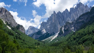 Dolomites Mountains with Green Valley