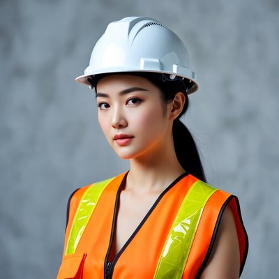 Asian woman in hard hat and vest