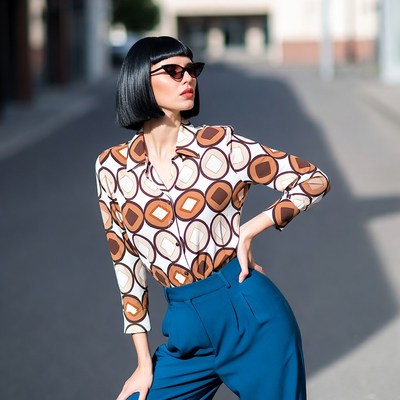 Woman in retro patterned shirt and blue pants
