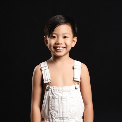 Asian boy smiling in white overalls