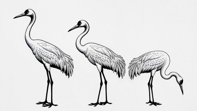 Three cranes in different poses