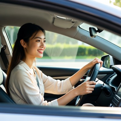 Asian woman driving car