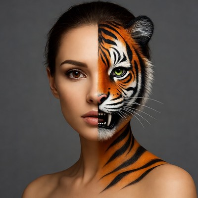 Woman with half tiger face
