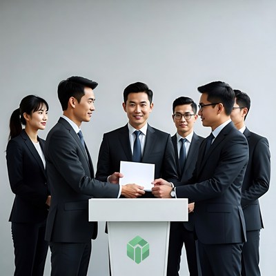 Asian businesspeople handing document at podium