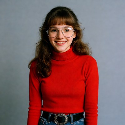 Smiling woman in red turtleneck and glasses