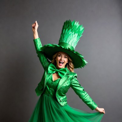 Woman in green leprechaun hat dancing