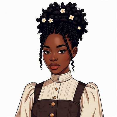 African-American woman with curly hair and flowers