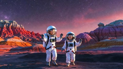 Astronaut boy and girl on alien planet