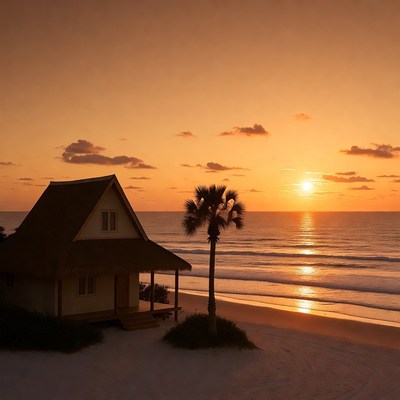 Beach House at Sunset with Palm Tree