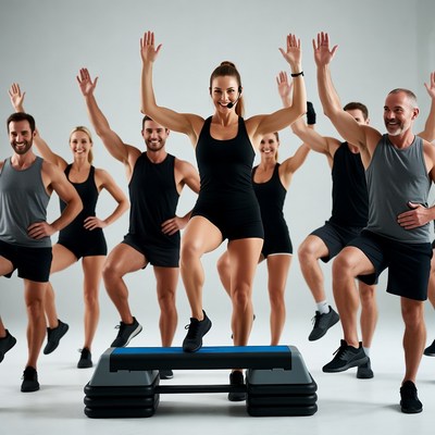 Fitness instructor leading group aerobics class