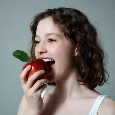 Girl biting red apple
