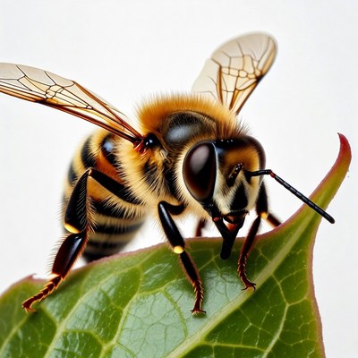 Honey Bee on Green Leaf