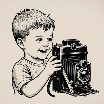 Boy holding vintage camera