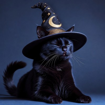 Black cat wearing witch hat