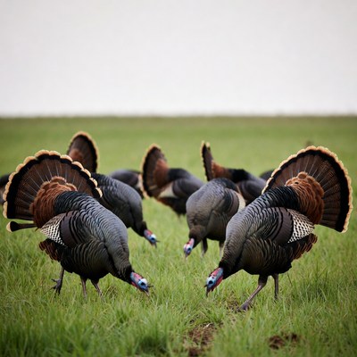 Group of Turkeys Foraging in Grass Field