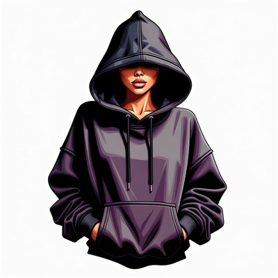 Woman in black hoodie with hood up