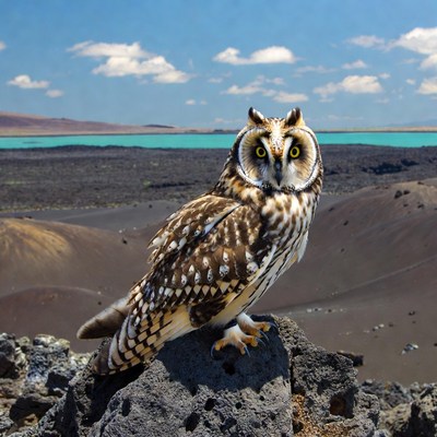 Short-eared Owl on Rock by Turquoise Lake