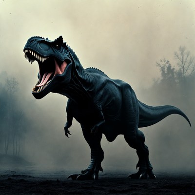 Roaring T-Rex in misty forest