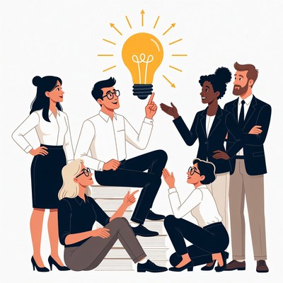 Diverse team brainstorming with lightbulb idea