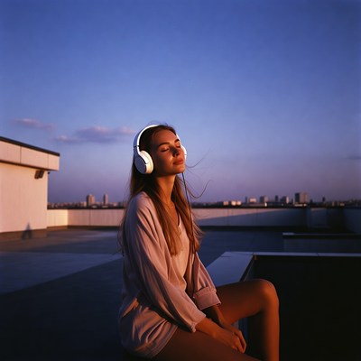 Woman wearing headphones on rooftop