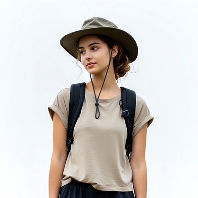 Woman wearing hat and backpack